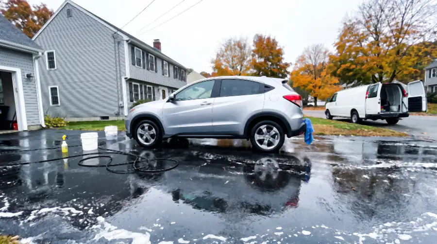 Illustration of the same silver crossover after a detail: paint clean and reflective, wheels bright, tyres dressed. The driveway around it is soaked dark with rinse water, foam is running toward the street, and the pressure-washer hose, buckets and open van are still in shot.