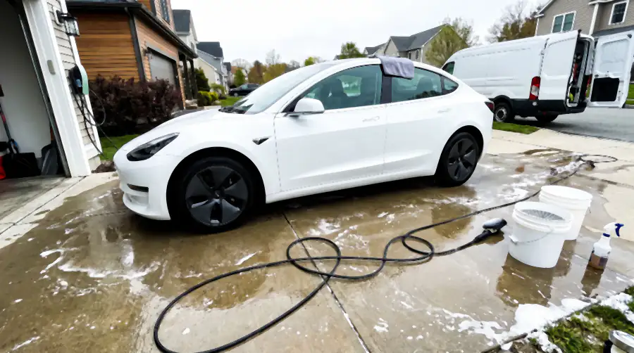 Illustration of the same white EV after a detail: paint bright, slick and glossy, wheels spotless, glass clear. The driveway is soaked dark with rinse water, foam is fading at the edge of the wet area and the hose, buckets and open van are still in shot.