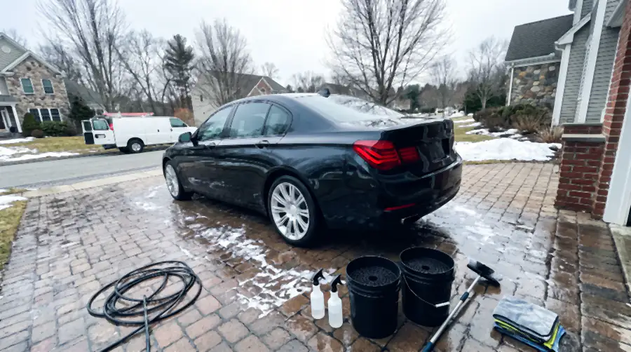 Illustration of the same black saloon after a detail: paint deep and mirror-like with clean reflections, chrome bright, wheels spotless. The brick pavers are soaked dark, foam is fading across them and the hose, buckets and open van are still in shot.