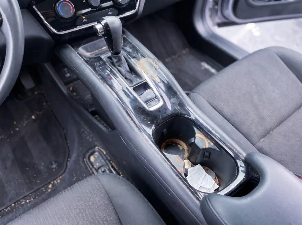 Illustration of a centre console before cleaning: cup holders sticky and ringed with dried coffee with coins and a crumpled receipt in them, dust packed into every panel seam, fingerprints across the gloss black trim.