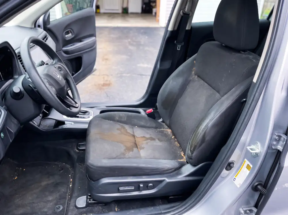 Illustration of a cloth driver's seat before cleaning: a dried coffee stain down the base cushion, a greasy shine polished into the bolster, crumbs and grit packed into the seams, pet hair over the fabric.