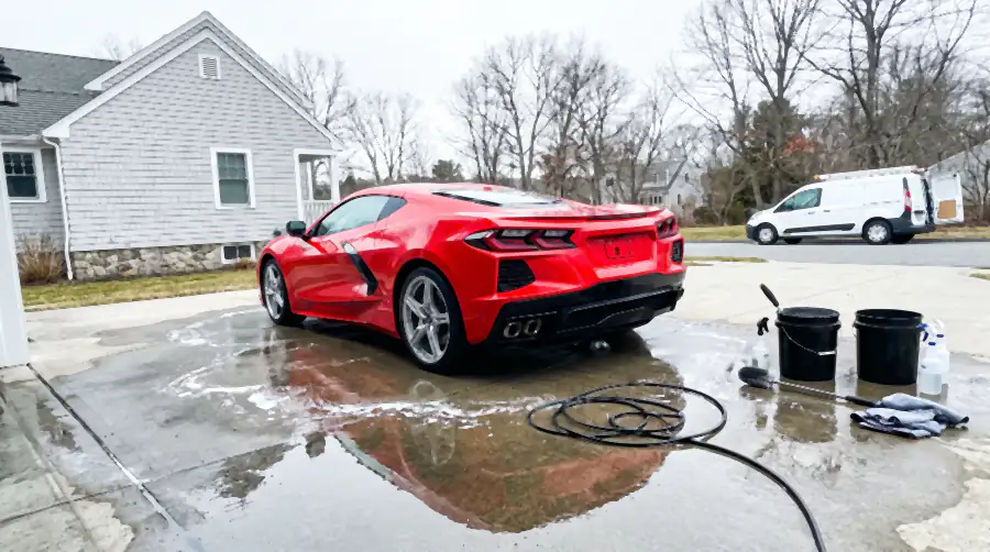 Illustration of the same red coupe after a detail: paint glass-deep and glossy with hard reflections down the flank, wheels spotless, glass clear. The concrete is soaked dark, a puddle mirrors the rear of the car and the hose, buckets and open van are still in shot.