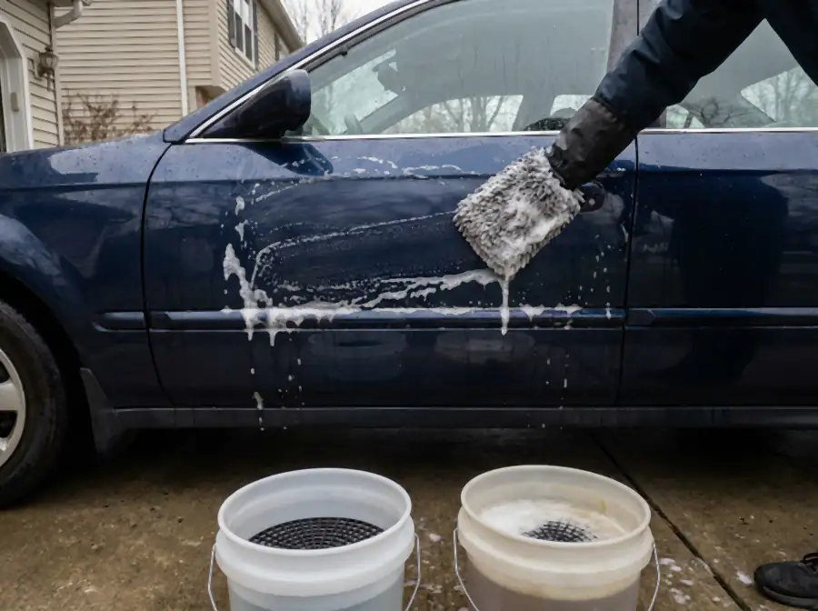 A gloved hand drawing a wash mitt down the wet, soapy door of a navy car