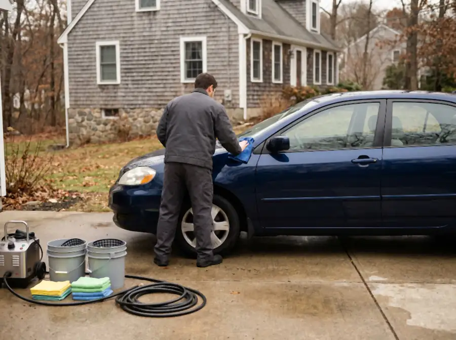 A detailer wiping down a navy sedan parked on a suburban driveway, with buckets, towels and a steam machine set out on the concrete