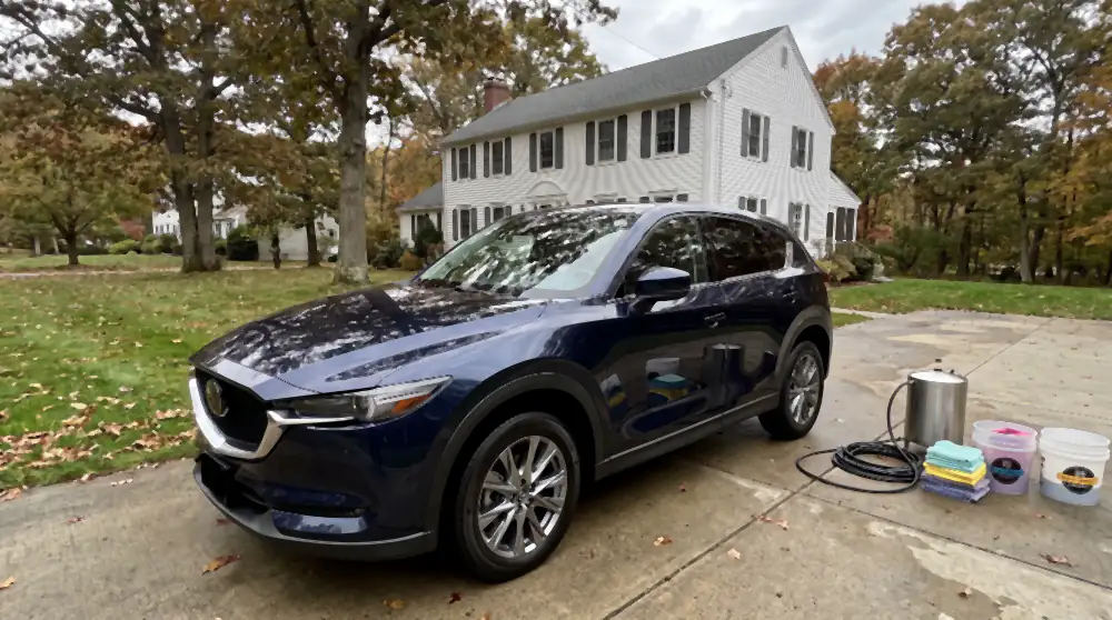 A freshly detailed navy SUV in a Connecticut driveway, our steam machine, buckets and microfibre towels set out on the concrete beside it