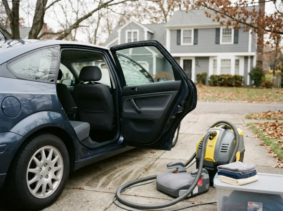 A car parked in a driveway with its rear door open showing cleaned seats and carpet, a hot-water extractor standing on the ground beside it