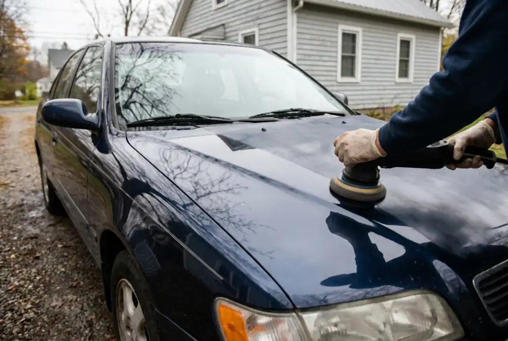 A machine polisher held flat against the bonnet of a dark navy sedan on a driveway, bare branches reflecting sharply in the worked section