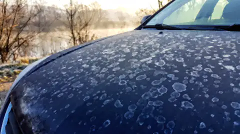 A dark car bonnet covered in dried water-spot rings left behind when morning dew evaporated, with river mist behind.