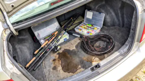 Fishing rods, an open tackle box and a damp landing net in a car boot, with a dark wet stain soaked into the boot carpet.
