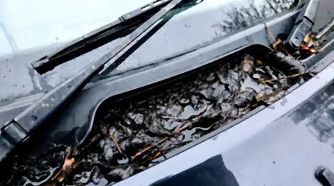 The drain channel at the base of a car windscreen packed solid with wet decomposing leaf litter, with water pooling on top of the blockage.