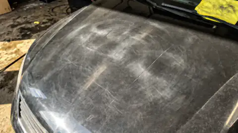 A black car bonnet under raking low sun showing a dense web of fine circular swirl marks and hazing in the clear coat.