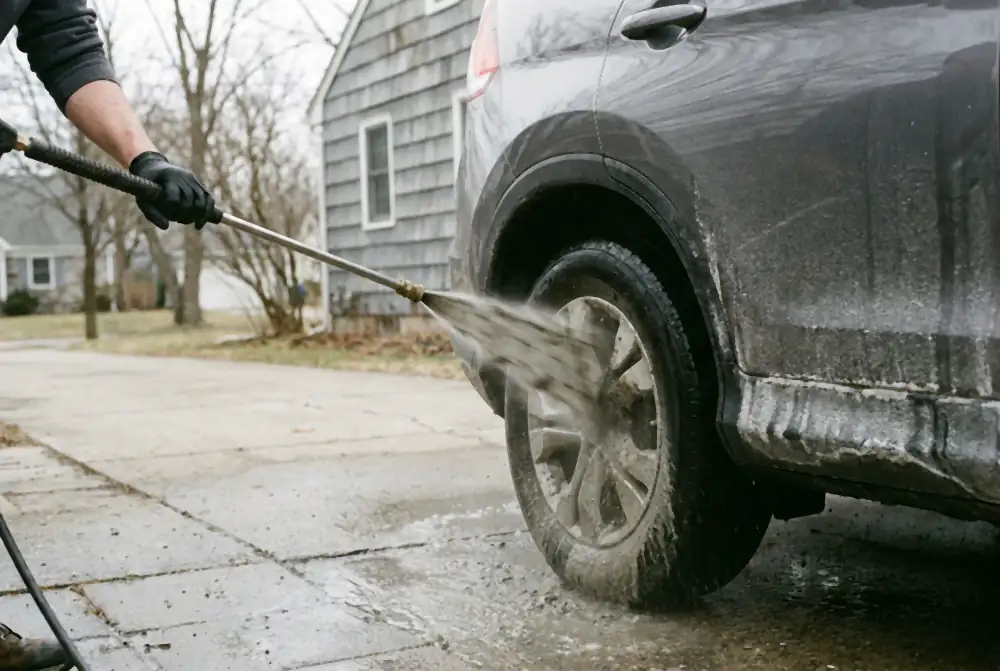 A pressure-washer lance angled up into the rear wheel arch of an SUV, driving grey salt slurry out onto a wet driveway