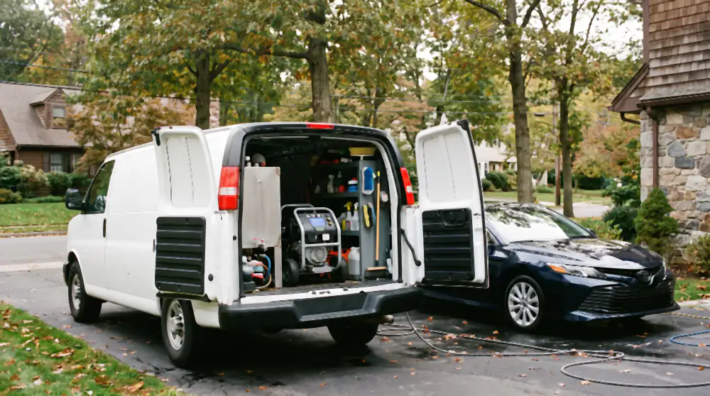 Our service van parked in a driveway with the rear doors open, showing the water tank, pressure washer, brushes and chemicals inside, next to the car being detailed